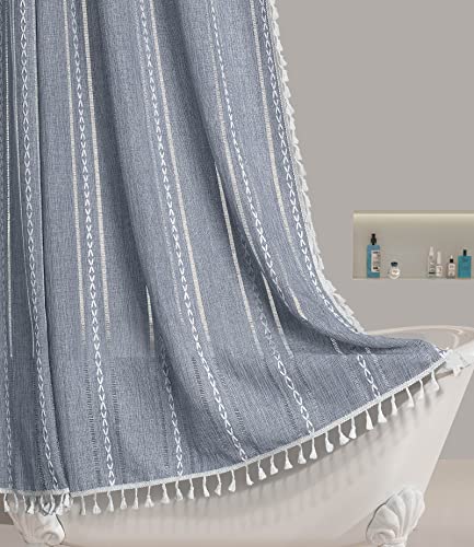 Awellife Rustic Farmhouse Linen Shower Curtain Blue Gray Primitive Country Cottage Bathroom Decor Hemstitched Striped Minimal Chic Texture Boho Tassel Bathroom Shower Curtain Set With Hooks, 72X72 #TOP4