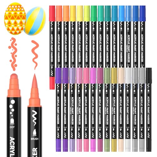 Shuttle Art 28 Colors Dual Tip Acrylic Paint Markers, Brush Tip and Dot Tip Acrylic Paint Pens for Rock, Ceramic, Wood, Canvas, Plastic, Glass, Stone, Calligraphy, Card Making, Crafts & Nail Art