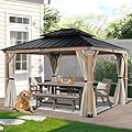 CHARMELEON Cedar Wood Gazebo 10x12 ft – Gazebo Wooden with Double Metal Roof – Hardtop Gazebo Kits with Waterproof Silver Gray Curtain – Wood Frame Gazebos Pavilion for Outdoor, Patio, Backyard & Deck