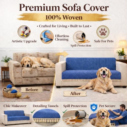 Image of STITCHNEST Blue Chenille Sofa Cover 70x60 Inch - Soft, Durable & Textured Fabric with Tassels | Full Coverage Sofa for Living Room, Bedroom, or Drawing Room