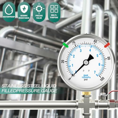 Image of 0-100PSI Stainless Steel Liquid Filled Pressure Gauge, 4 inch Dial Size, 1 /4 inch NPT Lower Mount, for Tube, Water Pump, Gas, Liquid, Pressure Test (with Range Mark Pointer)