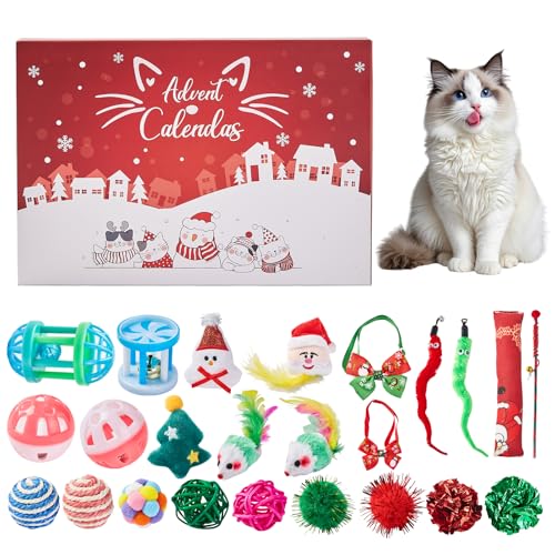 Christmas Cat Toy Advent Calendar 2025 24 Days Xmas Cat Toys Countdown Calendar Gift Set for Cat Lovers with Mice Ball Bells Feather Teaser