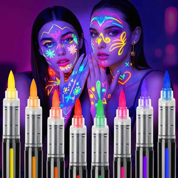 UV Glow Face & Body Paint Markers – 8 Colors Glow in the Dark Neon Face Paint Pens | UV Reactive Body Paint for Face Painting, Temporary Tattoo, Festivals, Halloween, Rave Party | Washable Skin-Safe Body Markers-image-43