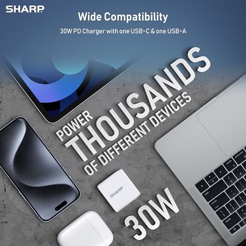 Sharp USB C Charger - 30W, Dual Port (USB A+C) Compact Foldable GaN Fast Charge for iPhone 15/15 Pro/15 Pro Max/14/13/12, Pad Pro/AirPods and More, White