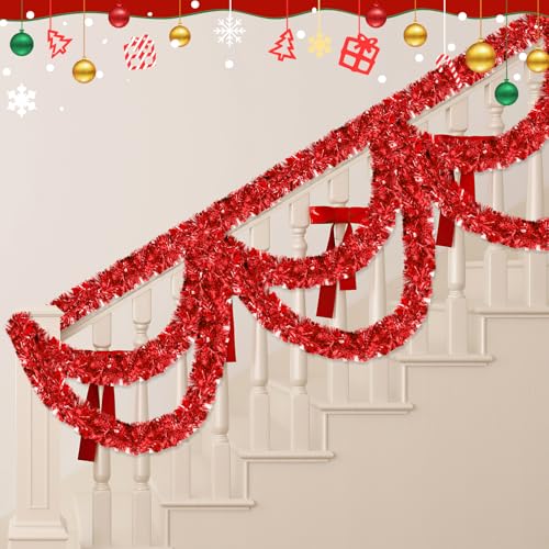 Image of 50FT Red Christmas Tinsel Garland, Metallic Twist Shiny Hanging Garland Ornaments for Xmas Tree Party Supplies Thick Thin Metallic Streamers for Indoor Outdoor Decor