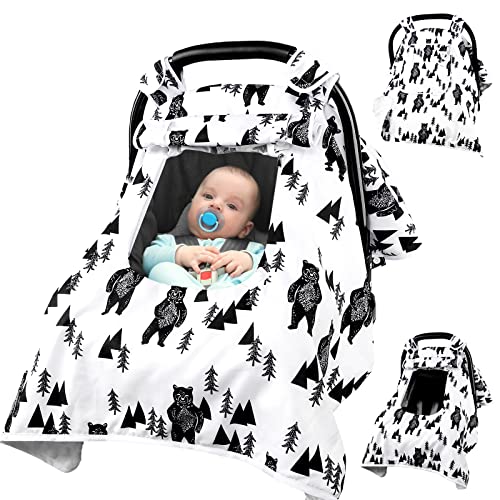 Image of Baby Carseat Cover Boys, Newborn Car seat Canopy, Minky Cozy & Warm Cover, Winter Carrier Cover with Peep Windows, Soft & Breathable, Bear Stuff