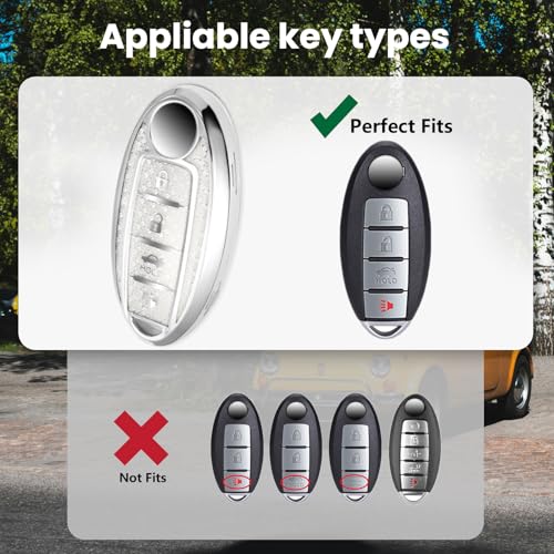 Image of for Nissan Key Fob Cover with Fashionable Zirconia Wristlet Keychain, Enchanting Diamond Patterns Soft Case for Murano Pathfinder Rogue Titan Versa (4 Button) (White, B)