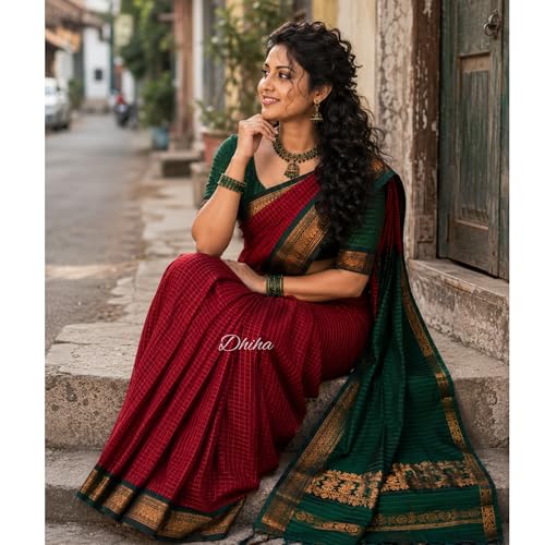Image of Gadwal Cotton Silk Checked Saree for Women | Pure Kalyani Cotton Checked Saree with Zari Border Tassels & Blouse | Kanjivaram Linen Silk | Handloom Weave