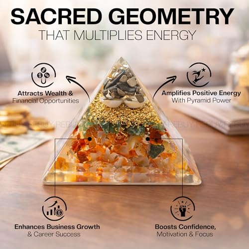 Image of Money Magnet Pyramid with Natural Pyrite, Gomti Chakra, Pyrite Dust, Green Jade, Carnelian Stone | Crystal Orgone Pyramid Showpiece for Home & Office | Ideal for Good Luck, Success, Positive Energy