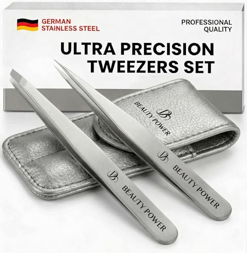 Beauty Power Professional Tweezers Set – Slant & Point, Ultra Precision German Stainless Steel Tweezers for Eyebrows, Chin, Ingrown Hair & Facial Grooming – Lightweight with Case - Gift Idea - Gray