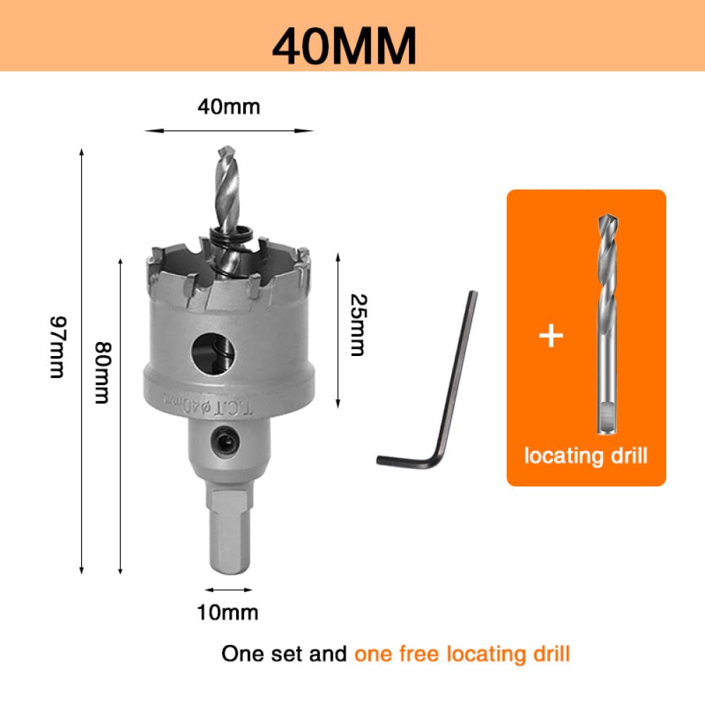 Broca para sierra de orificio central, broca de carburo de tungsteno con punta, sierra de orificio para placa de acero inoxidable, broca de carburo de aleación de metal y hierro , 40 mm