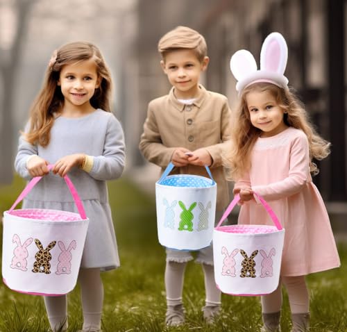 Image of Canvas Easter Basket Easter Bucket for Egg Hunts Easter Eggs Easter gifts Easter Treats (Pink Style 2)