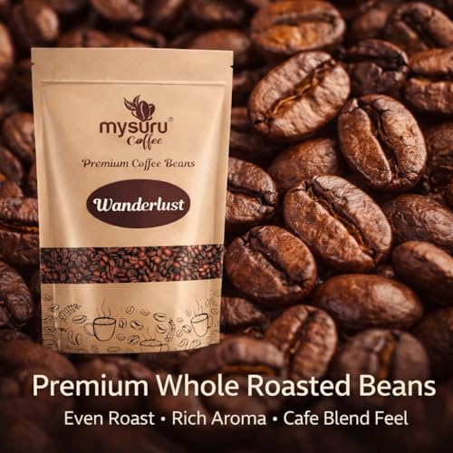 Image of Mysuru Coffee Premium Whole Roasted Beans [250g - WANDERLUST] Pure Robusta - 100% Cafe Blend Medium Roast Fresh Single Origin Coffee