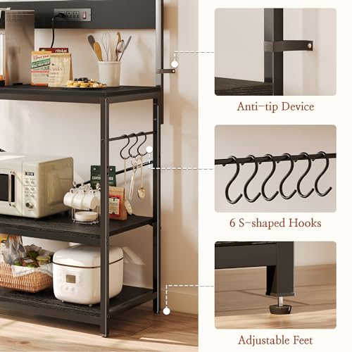 SUPERJARE Kitchen Bakers Rack with Power Outlet, Coffee Bar Table 4 Tiers, Kitchen Microwave Stand with 6 S-Shaped Hooks, Kitchen Storage Shelf Rack for Spices, Pots and Pans - Image 8