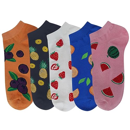 Image of KONY Women's Cotton Ankle Socks, Fun Novelty Patterns, 5 Pairs | 86% cotton, low cut fit, colorful designs, stocking stuffer, birthday gift, Christmas gift, women & teen girls, size 5-10