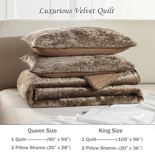 Image of Velvet Quilt Set, Mocha Brown Velvet Quilt Queen Size Comforter Set, Luxury Bedding Soft Plush Bedspread, Machine Washable Coverlet, All-Season 3 Pieces