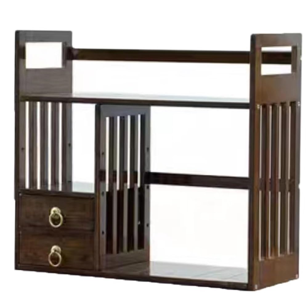 CWCQGH Walnut Bamboo Desktop Bookshelf Organizer with Drawers, Office Storage Shelf Rack, 20in Desk Display for Books and Office Supplies, Stylish Home & Office Decor,Walnut-50cm/20in+2 Drawers
