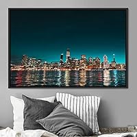 Framed Canvas Wall Art City Illuminations Aerial Cityscape Contemporary Multicolor Photography Places Realism - 16x24 inches