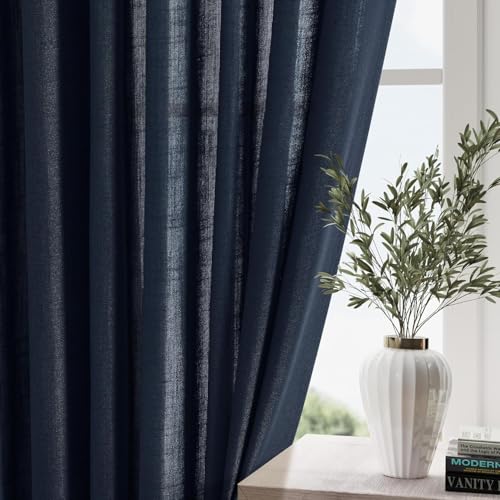 Image of Nanspring Navy Blue Curtains 80 Inches Length for Living Room Back Tab Rod Pocket Semi Sheer Linen Drapes Muted Neutral Boho Indigo Blue Linen Textured Window Curtain for Dining Room 52X80 Inch