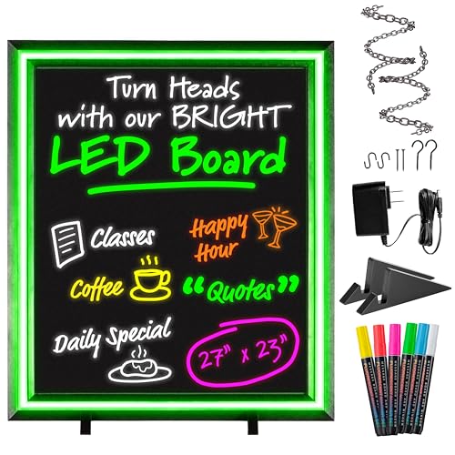 Green Light Innovations LED Writing Message Board 23x27 Illuminated Erasable Neon Chalkboard Sign with Remote & Markers Light Up Menu Board for Restaurants Bars Food Trucks & Classrooms