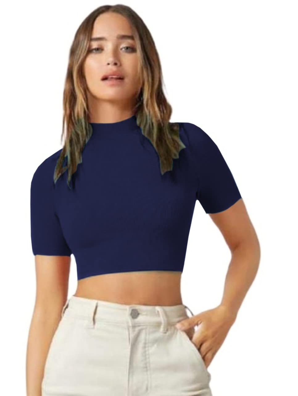 Dream Beauty FashionWomen's High/Turtle Neck Short Sleeves Stylish Casual Crop Top, 17 Inches