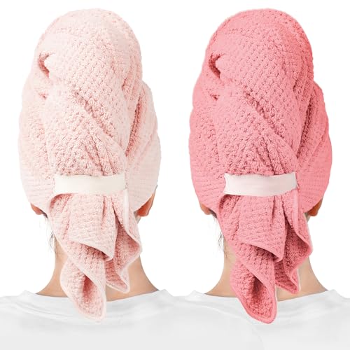 Image of ROLSHOL 2 Packs Large Microfiber Hair Towels for Women, Super Absorbent & Quick Dry Hair Towel Wrap for Curly Long & Short Hair- Anti-Frizz Hair Turbans for Wet Hair（Coral Pink & Pink） - 27.5''*39.4''