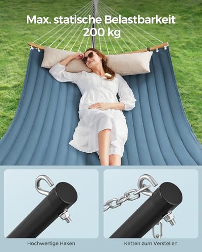 SONGMICS Hängematte mit Gestell, Hängemattengestell aus Metall, Doppelhaltestange, mit Kissen, bis 200 kg belastbar, Garten, schwarzes Gestell und Blaue Hängematte GHS002Q01 5