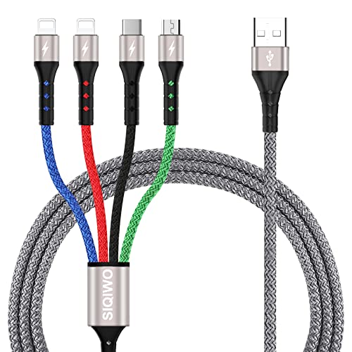 SIQIWO Multi USB Kabel 3A/1.2M, 4 in 1 Schnell Ladekabel Nylon Mehrfach USB-A auf 2*iP Micro USB Typ C Port für Phone, Samsgung Galaxy S23 S22 S21 S10, Huawei, LG, Xiaomi, Sony, Nokia, PS5