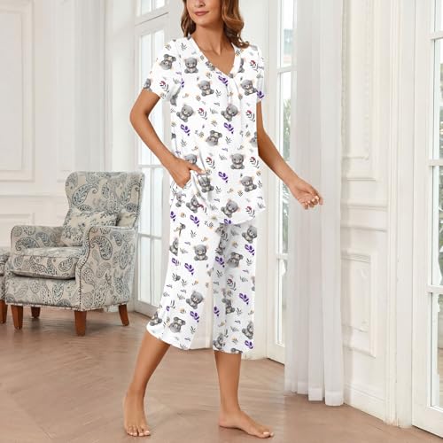Image of Bestbee Women's Pajama Sets 2 Piece Lounge Outfits Summer Sleepwear V Neck Short Sleeve Capri Pant With Pockets Ladies Pjs