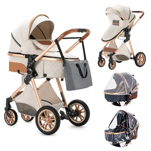 Image of Zkiprm 2 in 1 Portable Baby Stroller Reversible Quick-Fold High Landscape Aluminum Frame Infant Stroller for Newborn Off White