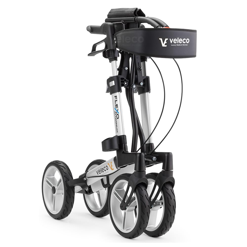 Andador plegable de aluminio Veleco Flexo de 4 ruedas, resistente y ligero, Rollator (Plata)