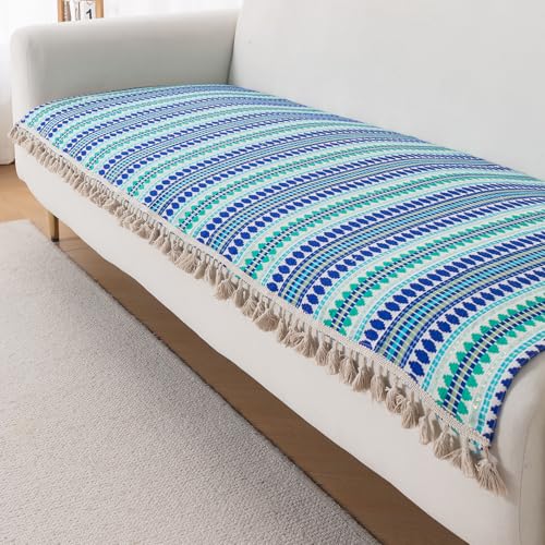 Image of HOKIPO 'Artisan Boho Series' Sofa Cover Mat with Tassel for 3 Seater Sofa | 450 GSM Thick Cotton Acrylic Jacquard Fabric, Royal Blue (IN-904-A2*S)