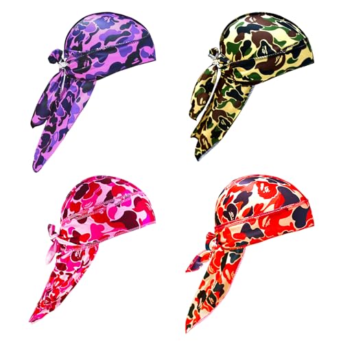 4Pcs Durag Set Silk Durag for Men Designer Durag Printed Do Rag with Long Tail Durag Hip Hop Turban Colorful Headband for Mens Braid Dread