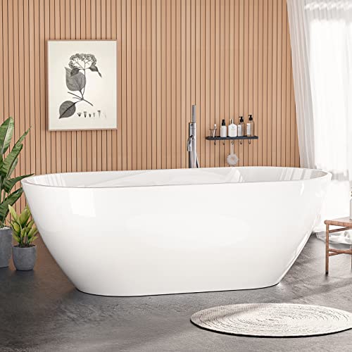 Zevemomo 55" Acrylic Freestanding Bathtub, Freestanding Tub With Brushed Nickel Drain & Integrated Slotted Overflow, Ergonomic Soaking Tub, Glossy White, Cupc Certified #TOP10