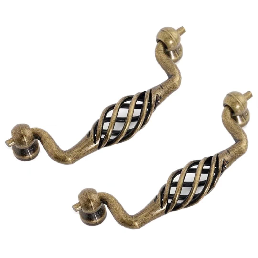 Wushadehans One Color Antique Brass Cabinet Drawer Handles 2Pcs Bronze Birdcage Hardware Pull Kitchen Drawer Hardware(D Hole Distance 96Mm)