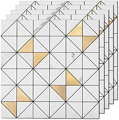 Soulscrafts 5-Sheet Peel and Stick Backsplash Tile PVC White Marble Stone with Gold Aluminum Metal Self-Adhesive Square Mosaic Decor for Kitchen Bathroom Living Room 12'' X 12''