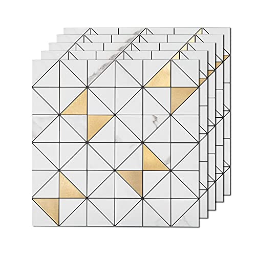 Soulscrafts 5-Sheet Peel And Stick Backsplash Tile Pvc White Marble Stone With Gold Aluminum Metal Self-Adhesive Square Mosaic Decor For Kitchen Bathroom Living Room 12'' X 12'' #TOP23