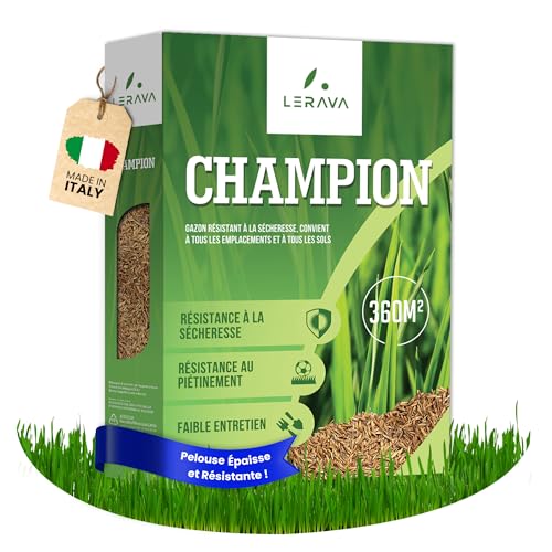 LERAVA CHAMPION Gazon à Semer (360 m²) - Graines Pelouse Résistantes à la Sécheresse - Croissance Rapide et Densité Maximale - Semences de Gazon Premium pour Jardin Durable