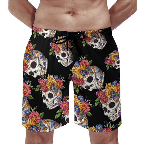 Flower Skull Men's Swim Trunks Quick Dry Board Shorts Hawaiian Beach Shorts With Pocket
