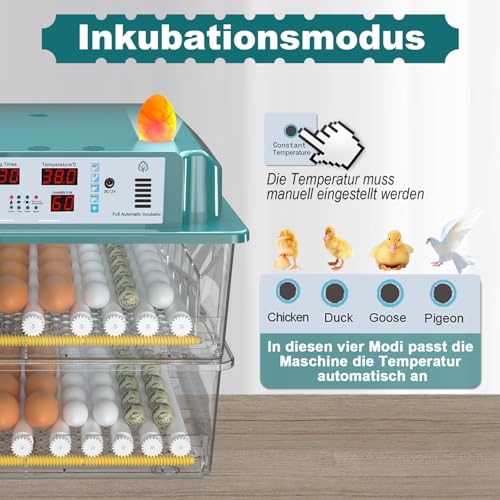 CoInceptus Brutautomat Vollautomatisch Inkubator mit 120 Eier, Brutkasten für Hühner & Wachteln automatischem Wenden, Feuchtigkeitsanzeige und 4 Inkubationsmodus Automatisches Wasser Brutmaschine