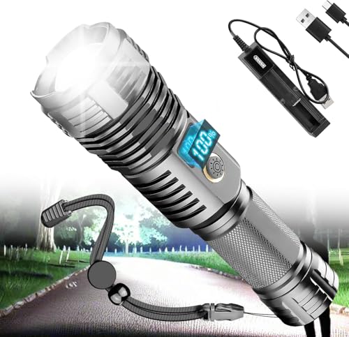 NAKCNM Lampada LED super luminosa con display LCD, torcia ricaricabile XHP70.2, alimentata a batteria, 12.000 lumen, 5 modalità, impermeabile, messa a fuoco regolabile, per campeggio, escursionismo