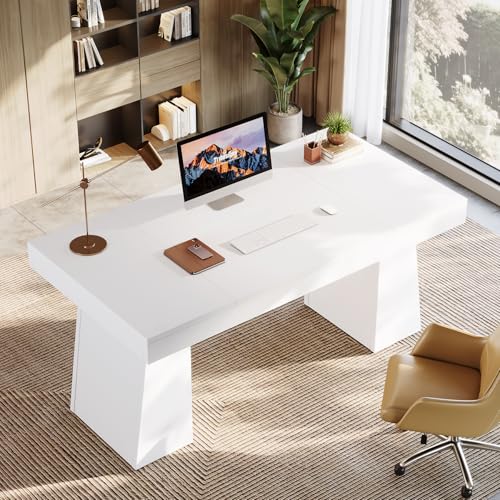 Image of Tribesigns 55-Inch Executive Desk, Large Wood Office Computer Desk with Double Pedestal, Modern Minimalist Workstations Writing Table Conference Table Furniture for Home Office, White