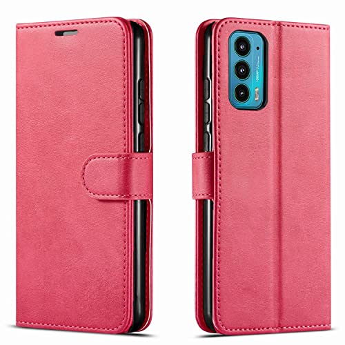 Motorola Edge 5G UW Case, Motorola Edge 2021 Case, [Not Fit Edge Plus] with [Tempered Glass Protector Included] STARSHOP Leather Wallet Cover with Pocket Credit Card Slots Kickstand Feature- Pink