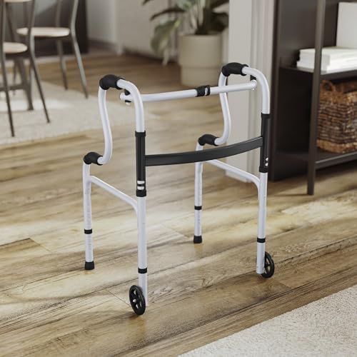 BizChair Hercules Bi-Level Folding Walker, Adjustable Height Frame, Interchangeable Wheels or Feet, Dual Frame Types, Lightweight Design, Gray