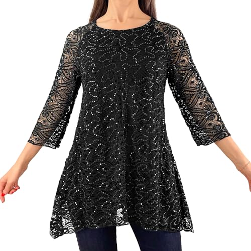 Brittany Black Women’s Lace Top Floral Print Tunic Knit Blouse