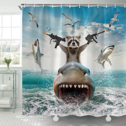 Image of TOMOZ Funny Animal Shower Curtain, Cool Raccoon Riding Shark Theme Ocean Shower Curtain for Bathroom, Fun Nautical Fabric Bath Curtain with 12 Hooks 69 x 84Inch