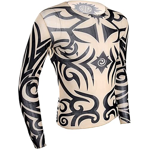 DRHOM Men's Fake Tattoo T Shirt Tribal Inspired Print Elastic Long Sleeve Muscle Tops Undershirt