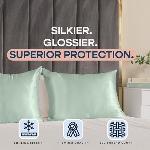 Image of BLISSFORD Satin Pillowcase with Zipper, for Hair and Skin Care, Feels Soft and Cool Like a Silk Pillowcase, Satin Pillow Cases 2 Pack, Slik Pillow Cover, Mint - Queen Size, Set of 2