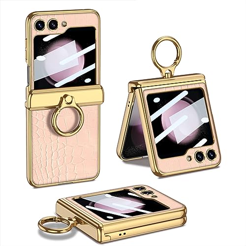 Coque Samsung Z Flip 5 5G chic en cuir crocodile rose et anneau premium