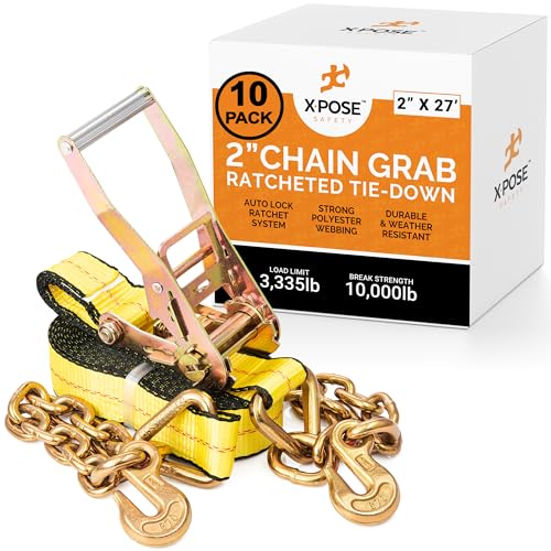 Ratchet Straps Heavy Duty - 2 Inch x 27 Foot Tie Down Straps Ratchet Operated with Chain Grabs - Ratcheting Moving Straps for Truck Bed and Car Cargo - Kayak and Motorcycle Tie Down Straps 10 Pack